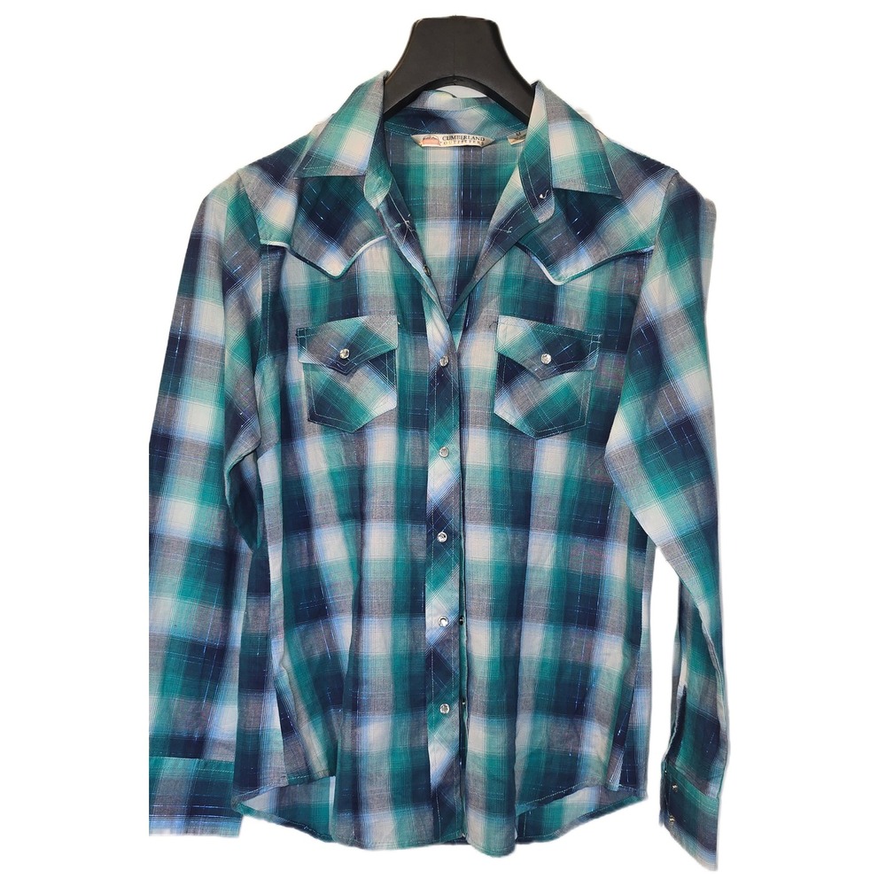 Cumberland Outfitters Womens Teal Plaid Metallic Pearl Snap Western Shirt Medium